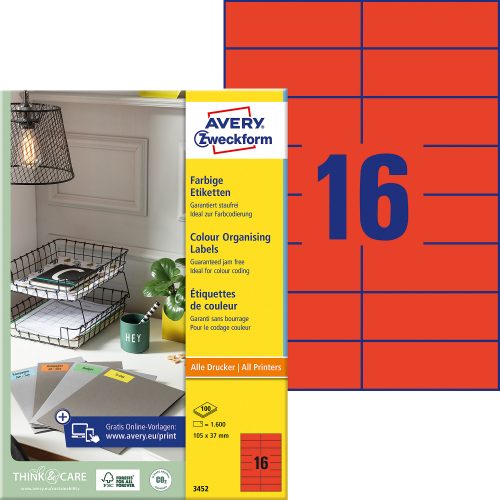 AVERY Zweckform, AVERY ZWECKFORM Etiketten 105&times;37mm 3452 rot 1600 St&uuml;ck
