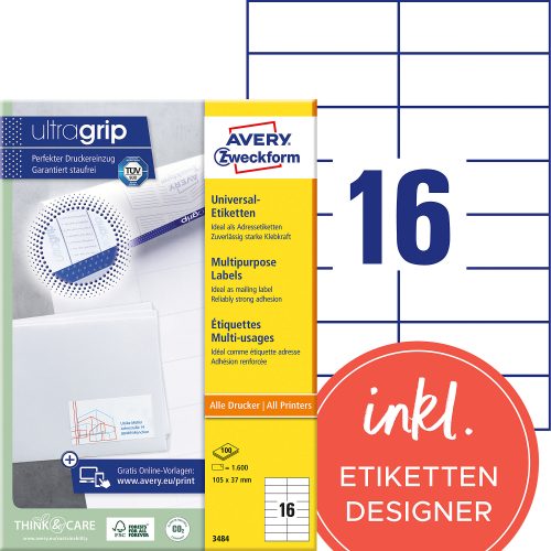 AVERY Zweckform, AVERY ZWECKFORM Universal-Etiketten 105x37mm 3484 weiss 1600 Stk./100 Blatt
