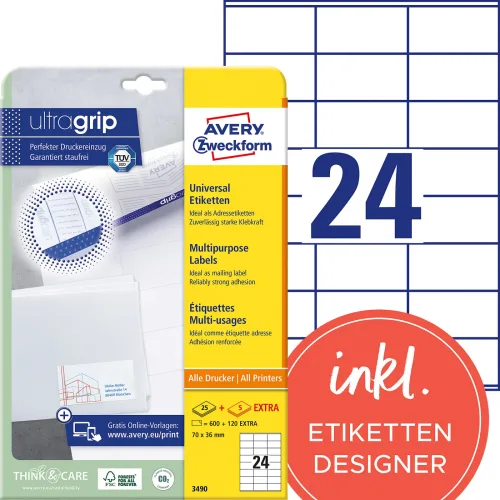 AVERY Zweckform, AVERY ZWECKFORM Universal-Etiketten 70x36mm 3490 weiss 720 Stk./25 + 5 Blatt