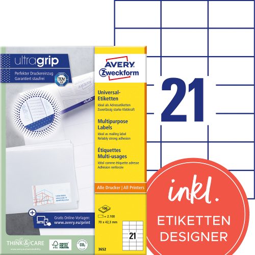 AVERY Zweckform, AVERY ZWECKFORM Etiketten 70x42,3mm 3652 weiss 2100 Stk./100 Blatt