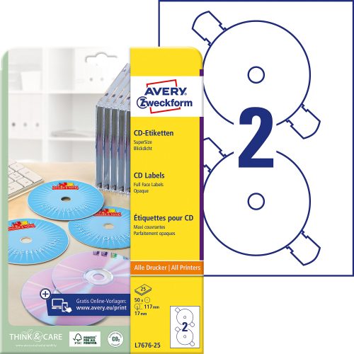 AVERY Zweckform, AVERY ZWECKFORM CD-Etiketten SuperSize 117mm L7676-25 weiss, permanent 25x2 Stk.