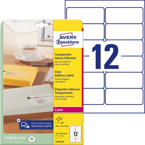AVERY Zweckform, AVERY ZWECKFORM Adressetiketten 99,1x42,3mm L4772-25 Laser, transp. 300Stk./25Bl.