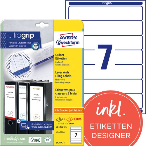 AVERY Zweckform, AVERY ZWECKFORM Ordner-Etiketten 38x192mm L4760-25 weiss 210 St&uuml;ck/25 + 5 Blatt