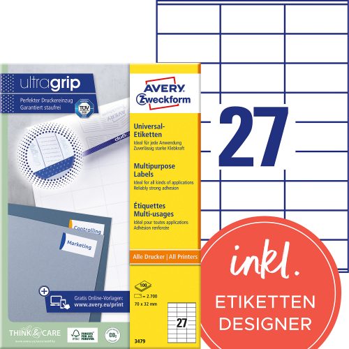 AVERY Zweckform, AVERY ZWECKFORM Universal-Etiketten 70x32mm 3479 weiss 2700 Stk./100 Blatt