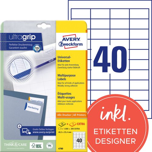 AVERY Zweckform, AVERY ZWECKFORM Etiketten (1000 St&uuml;ck) A4 4780 weiss 1200 Stk./25 + 5 Blatt