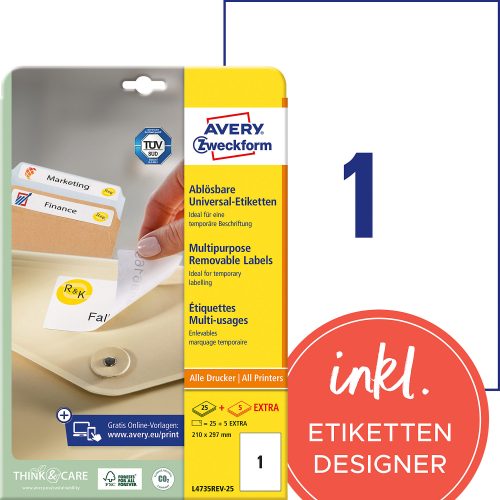 AVERY Zweckform L4735REV-25 Wiederablösbare Etiketten A4 Weiss 210 x 297 mm 30 Blatt à 1 Etiketten