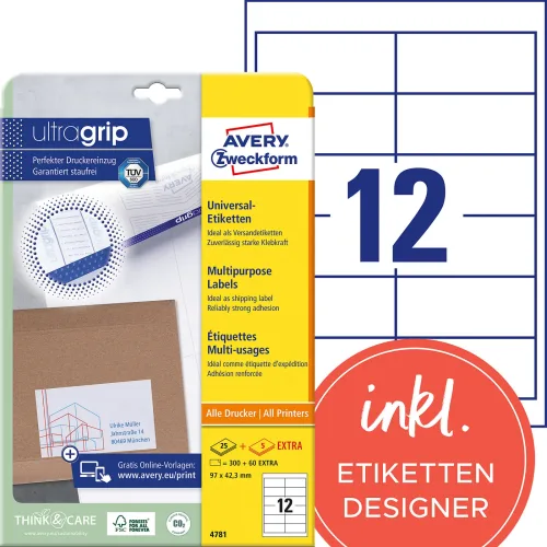 AVERY Zweckform, AVERY ZWECKFORM Universal-Etiketten 97x42.3mm 4781 weiss 360 Stk./25 + 5 Blatt