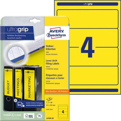 AVERY Zweckform Ordneretiketten L4769-20 Ultragrip Gelb A4 61 mm 20 Blatt à 4 Etiketten