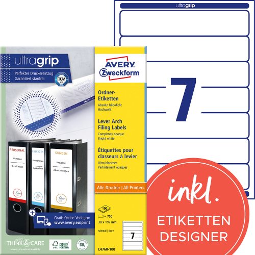 AVERY Zweckform, AVERY ZWECKFORM Ordner-Etiketten 192x38mm L4760-100 weiss 700 St&uuml;ck/100 Blatt