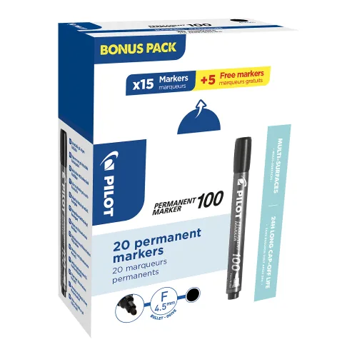 Pilot 100 Permanentmarker Fein Rundspitze 1 mm Schwarz 20 Stück