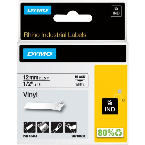 Dymo IND S0718600 / 18444 Authentic Rhino Vinyl Schriftband Selbstklebend Schwarzer Druck auf Weiss 12 mm x 5.5m