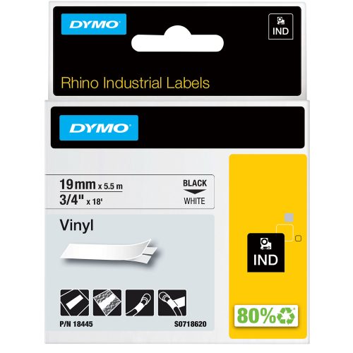 Dymo IND S0718620 / 18445 Authentic Rhino Vinyl Schriftband Selbstklebend Schwarzer Druck auf Weiss 19 mm x 5.5m