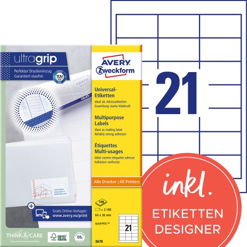 AVERY Zweckform, AVERY ZWECKFORM Etiketten 64x36mm 3670 weiss 2100 Stk./100 Blatt