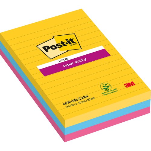 Post-it, POST-IT SuperSticky Rio 152x101mm 4690SS3RI 3-farbig, liniert 3x90 Blatt