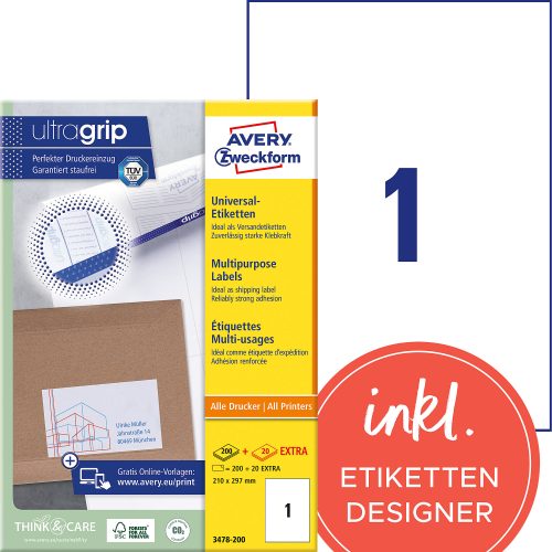 AVERY Zweckform, AVERY ZWECKFORM Etiketten 210x297mm 3478-200 weiss 220 Stk./200+20 Blatt