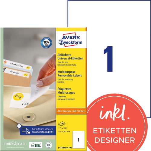 AVERY Zweckform L4735REV-100 Etiketten DIN A4 Weiß 210 x 297 mm 100 Blatt à 1 Etikett