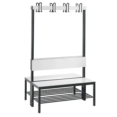 C + P, Garderobenbank Basic Plus, 2-seitig, Rückenlehne, mit Schuhrost, Fussgestell schwarzgrau RAL 7021, B 1000 mm, Dekor weiss