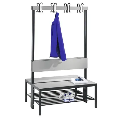 C+P, C+P Umkleidesitzbank Basic Plus, Länge 1.000 mm, doppelseitig, mit Rückenlehne, 2x4 Doppelhaken, inkl. Schuhrost, schwarzgrau/Eiche Sereno