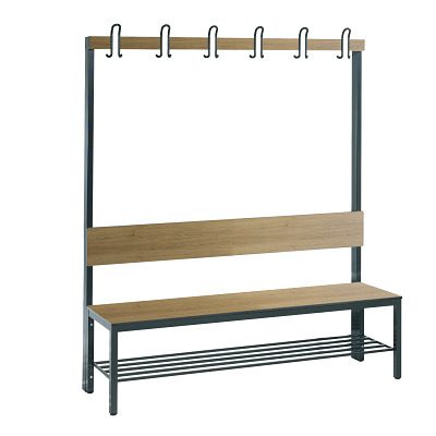 C + P, Garderobenbank Basic Plus, 1-seitig, Rückenlehne, mit Schuhrost, Fussgestell schwarzgrau RAL 7021, B 1500 mm, Dekor Eiche Ser.