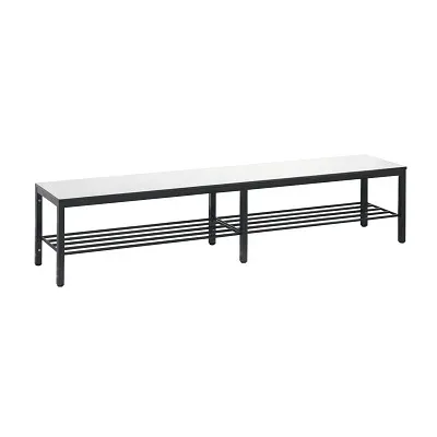 C + P, Umkleidebank Basic Plus, für Feuchträume, ohne Rückenlehne, 6-Fussgestell schwarzgrau RAL 7021, mit Schuhrost, B 1960 mm, Dekor weiss