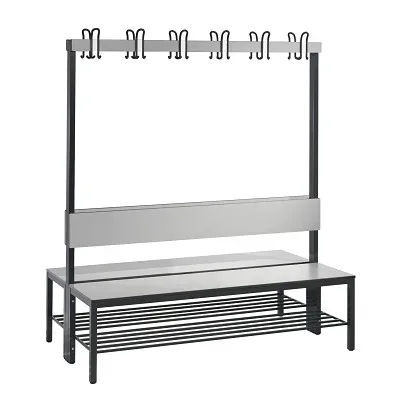 C + P, Garderobenbank Basic Plus, 2-seitig, Rückenlehne, mit Schuhrost, Fussgestell schwarzgrau RAL 7021, B 1500 mm, Dekor silbergrau