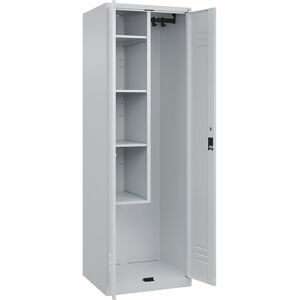 Putzmittelspind Classic PLUS, 1 Abteil, Trennwand mittig, verkürzt, lichtgrau, B 600 mm, mit Bodengleitern, Zylinderschloss C+P