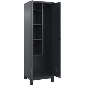 Putzmittelspind Classic PLUS, 1 Abteil, Trennwand mittig, verkürzt, grau, B 600 mm, mit Füßen, Drehriegel C+P