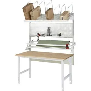 Packtisch komplett, manuell höhenverstellbar, Set 3 mit Lochplatte, Schneidgerät, Abrolleinheit, BxT 1500 x 800 mm, Buchenplatte RAU