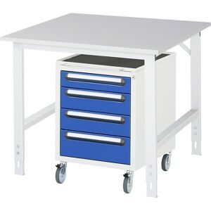 kaiserkraft Arbeitstisch mit Schubladenschrank, Roll-Container mit 4 Schubladen 1 x 90, 2 x 120, 1 x 140 mm, BxT 1000 x 1000 mm, M-Platte, Stärke 22 mm