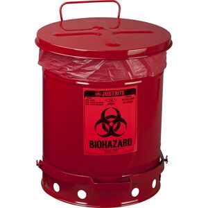 Stahlblech-Sicherheits-Entsorgungsbehälter für biogefährliche Abfälle, BIOHAZARD-Aufkleber, Volumen 34 l, mit Pedal, rot, ab 3 Stk Justrite