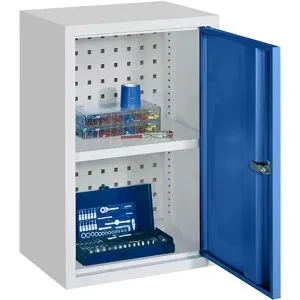 Hängeschrank, Höhe 600 mm, mit Vollblechtür/en, Breite 400 mm, gelochte Rückwand, grau / blau Pavoy