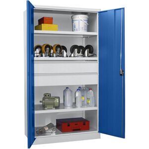 Schwerlastschrank, Höhe 1950 mm, 3 Fachböden, 2 Schubladen, grau / blau Pavoy