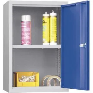 Hängeschrank, Höhe 600 mm, mit Vollblechtür/en, Breite 400 mm, glatte Rückwand, grau / blau Pavoy