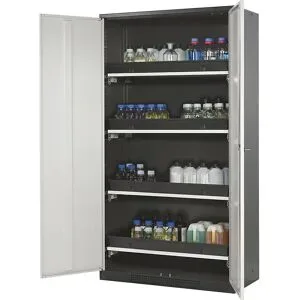 asecos®, Chemikalienschrank, Flügeltür, 4 Auszugswannen, 1055x520x1950 mm, lichtgrau