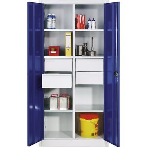 Materialschrank aus Stahlblech, 6 Fachböden, 4 Schubladen, HxBxT 1950 x 930 x 500 mm, Türe enzianblau, Korpus lichtgrau C+P