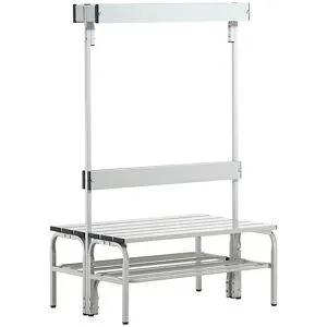 Umkleidebank aus Edelstahl, HxT 1650 x 725 mm, Länge 1015 mm, 6 Haken, lichtgrau, Schuhrost Sypro