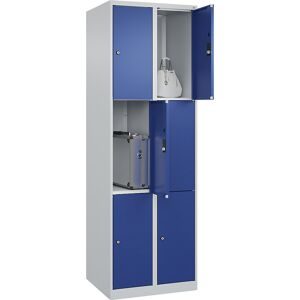3er-Schließfachschrank Classic PLUS, 2 Abteile, lichtgrau / enzianblau, B 600 mm, 6 Fächer, mit Bodengleitern C+P