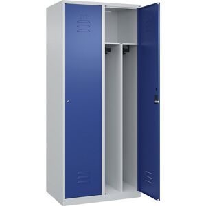 C+P Schwarz-Weiß-Spind Classic PLUS, schmal, 2 Abteile, verkürzte Trennwand mittig, lichtgrau / enzianblau, B 800 mm, mit Bodengleitern, Zylinderschloss,