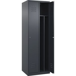 C+P Schwarz-Weiß-Spind Classic PLUS, schmal, 2 Abteile, verkürzte Trennwand mittig, grau, B 600 mm, mit Bodengleitern, Zylinderschloss, Trennwand mittig