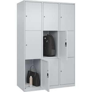3er-Schließfachschrank Classic PLUS, 3 Abteile, lichtgrau, B 1200 mm, 9 Fächer, mit Bodengleitern C+P