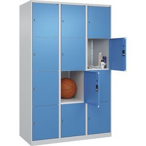 4er-Schließfachschrank Classic PLUS, 3 Abteile, lichtgrau / lichtblau, B 1200 mm, 12 Fächer, mit Bodengleitern C+P