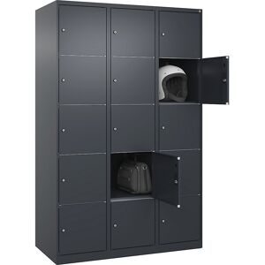 5er-Schließfachschrank Classic PLUS, 3 Abteile, grau, B 1200 mm, 15 Fächer, mit Bodengleitern C+P
