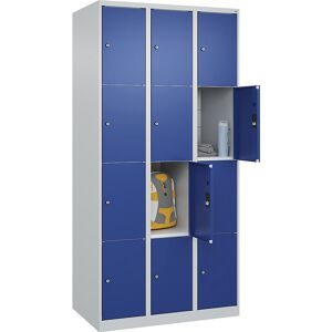 4er-Schließfachschrank Classic PLUS, 3 Abteile, lichtgrau / enzianblau, B 900 mm, 12 Fächer, mit Bodengleitern C+P