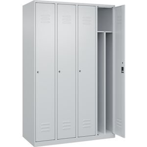 C+P Schwarz-Weiß-Spind Classic PLUS, schmal, 4 Abteile, verkürzte Trennwand mittig, lichtgrau, B 1200 mm, mit Bodengleitern, Zylinderschloss, Trennwand