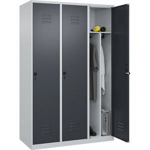 C+P Schwarz-Weiß-Spind Classic PLUS, schmal, 3 Abteile, verkürzte Trennwand mittig, lichtgrau / grau, B 1200 mm, mit Bodengleitern, Drehriegel, Trennwand