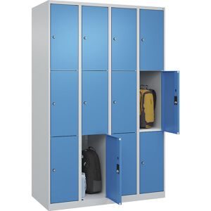 3er-Schließfachschrank Classic PLUS, 4 Abteile, lichtgrau / lichtblau, B 1200 mm, 12 Fächer, mit Bodengleitern C+P