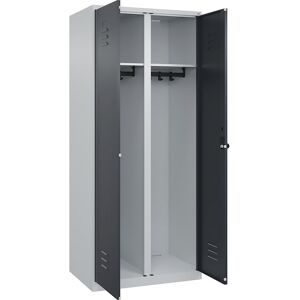 Schwarz-Weiß-Spind Classic PLUS, Trennwand mittig, 1 Abteil, lichtgrau / grau, HxB 1850 x 800 mm, mit Bodengleitern, Drehriegel C+P