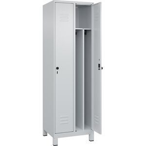 Schwarz-Weiß-Spind Classic PLUS, schmal, 2 Abteile, verkürzte Trennwand mittig, lichtgrau, B 600 mm, mit Füßen, Drehriegel, Trennwand mittig C+P