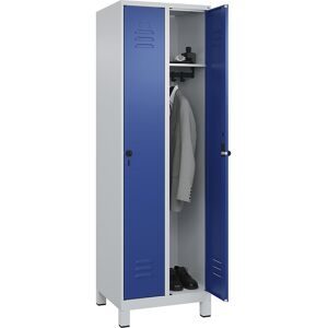 Spind Classic PLUS, 2 Abteile, lichtgrau / enzianblau, B 600 mm, mit Füßen, Drehriegel C+P
