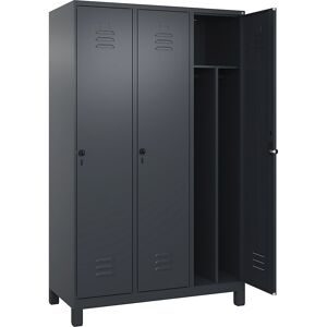Schwarz-Weiß-Spind Classic PLUS, schmal, 3 Abteile, verkürzte Trennwand mittig, grau, B 1200 mm, mit Füßen, Drehriegel, Trennwand mittig C+P